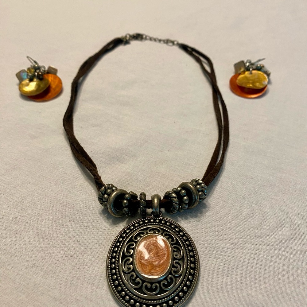 Bohemian Silver, Brown & Orange Necklace with Intricate Pendant and Earrings